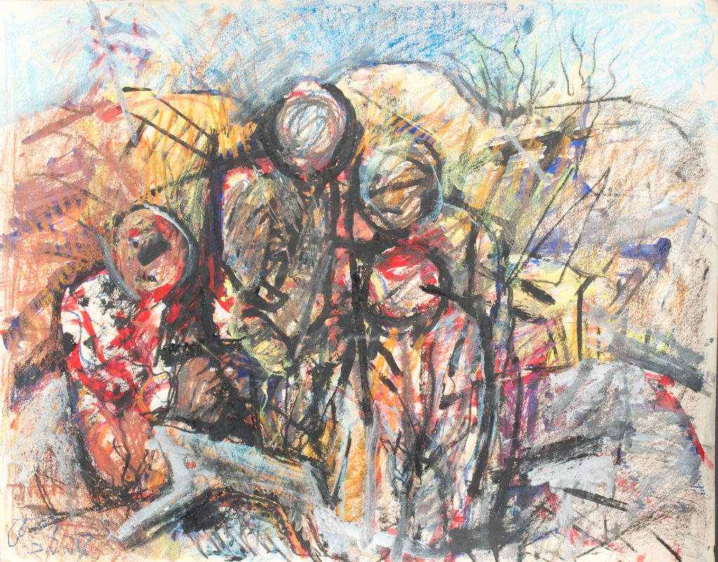 <em><strong>Huddled Group</strong></em>. Watercolour and pastel on paper, 27 x 21.5 inches