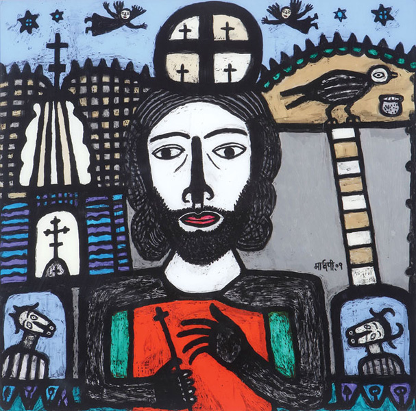 <em><strong>Christ Holding a Cross</strong></em>. Reverse painting on acrylic sheet, 36" x 36", 2009 