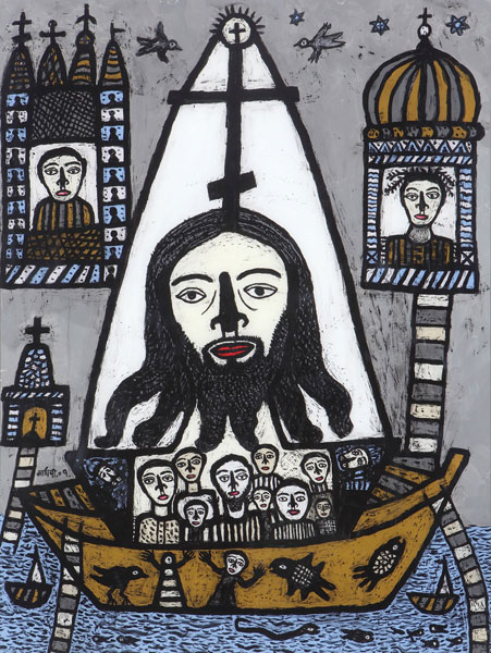 <em><strong>Christ Travelling with his Disciples 1</strong></em>. Reverse painting on acrylic sheet, 36" x 48", 2009 
