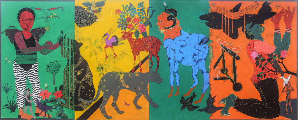 <em><strong>Untold Story 1 </strong></em>[2 panels]. Acrylic on canvas, 10 x 4 feet, 2018