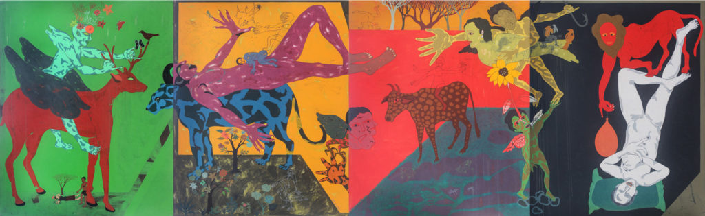 <em><strong>Untold Story 2 </strong></em>[4 panels]. Acrylic on canvas, 16 x 5 feet, 2018