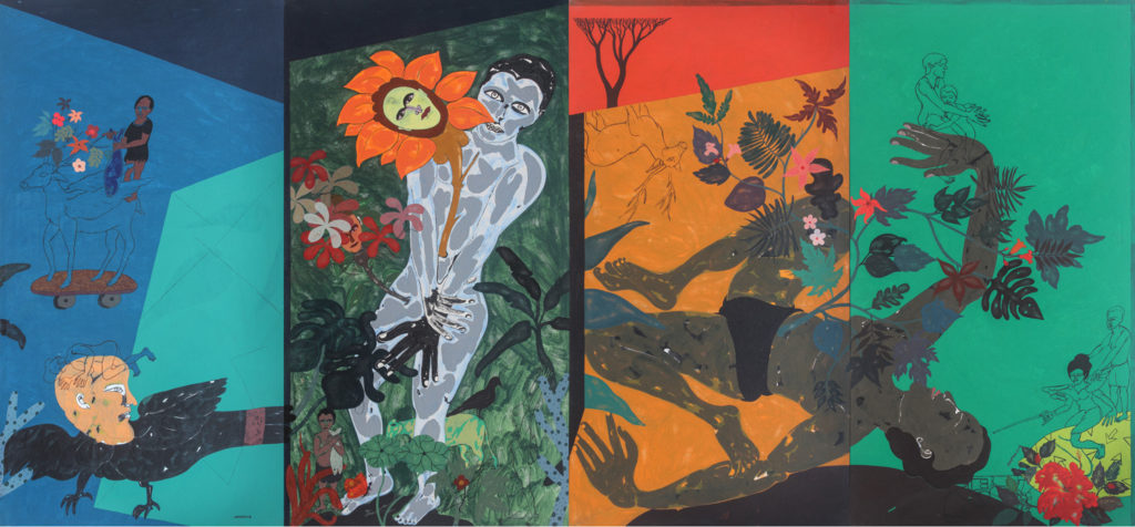 <em><strong>Untold Story 7</strong></em>[4 panels]. Acrylic on canvas, 8.8 x 4 feet, 2018