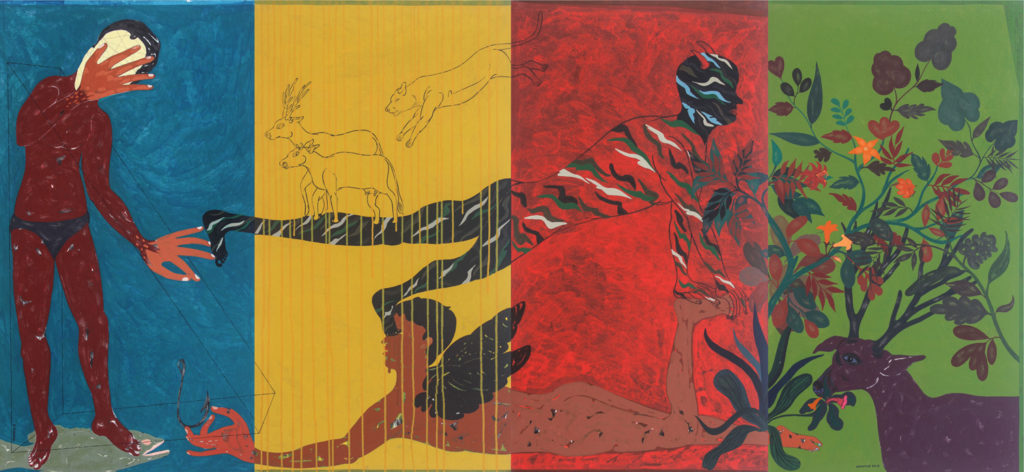 <em><strong>Untold Story 9 </strong></em>[4 panels]. Acrylic on canvas, 8.8 x 4 feet, 2018