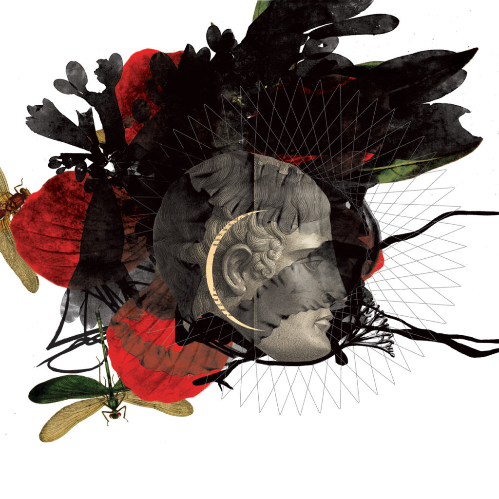 <em><strong>Black Ink and Red Flower</strong></em>. Digital collage on archival paper, 35 x 35 inches, 2016
Edition of 7