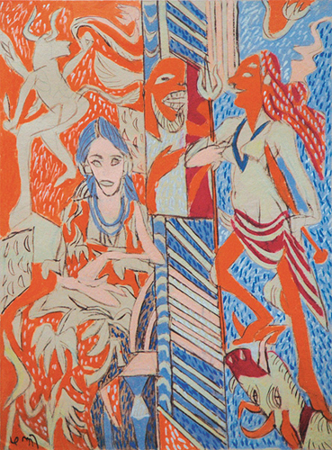 <em><strong>The Beast and the Goddess</strong></em>. Gouache on handmade paper, 22.5" x 30", 2008