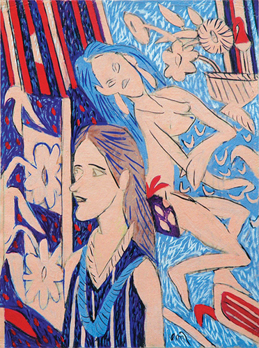 <em><strong>Figure against Tapestry</strong></em>. Gouache on handmade paper, 22.5" x 30", 2008