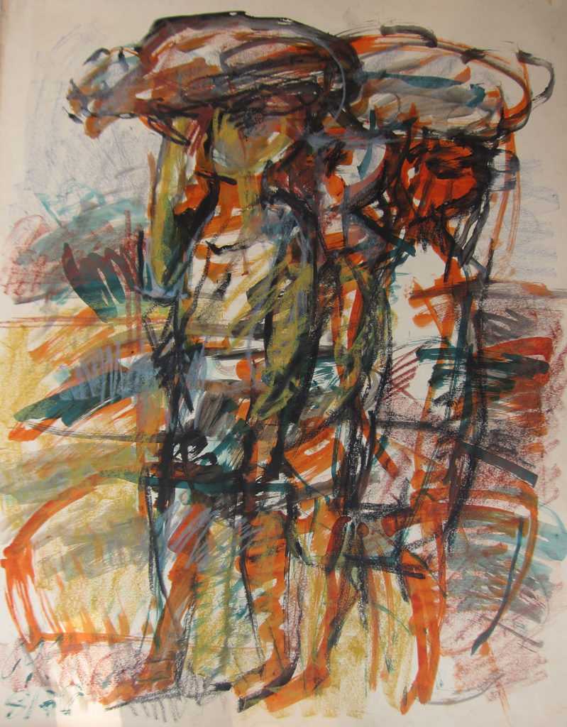 <em><strong>Child Carriers 3</strong></em>. Watercolour and pastel on paper, 21.5 x 27 inches