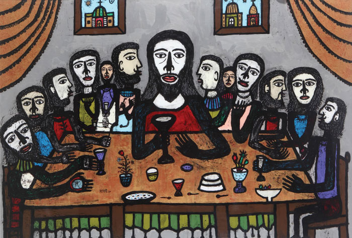 <em><strong>Last Supper</strong></em>. Reverse painting on acrylic sheet, 72" x 48", 2010 