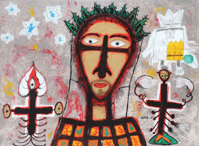<em><strong>Portrait of Christ 2</strong></em>. Reverse painting on acrylic sheet,48"x 36", 2006