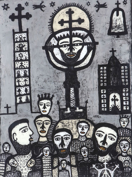 <em><strong>Christ Travelling with his Disciples 2</strong></em>. Reverse painting on acrylic sheet, 36" x 48", 2010