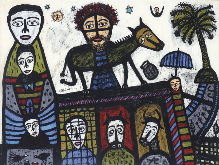 <em><strong>Christ Travelling with Animals 1</strong></em>. Reverse painting on acrylic sheet, 48"x 36", 2007 