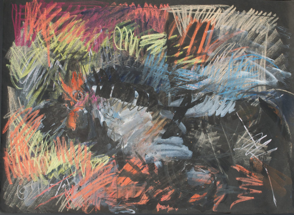 <em><strong>Rooster</strong></em>. Watercolour and pastel on paper, 29 x 21.5 inches, 1997