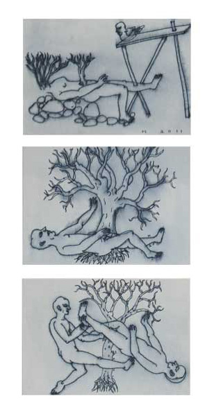 <em><strong>Drawing 31</strong></em>. Pen on hard paper, 5 x 3.5 inches each, 2011