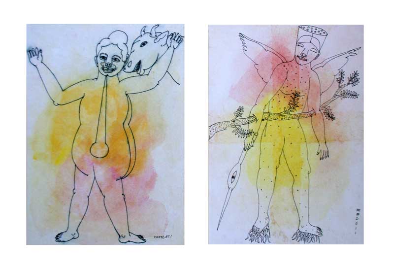 <em><strong>Drawing 34</strong></em>. Water colour and pen on hard paper, 8 x 5.5 inches each, 2011
