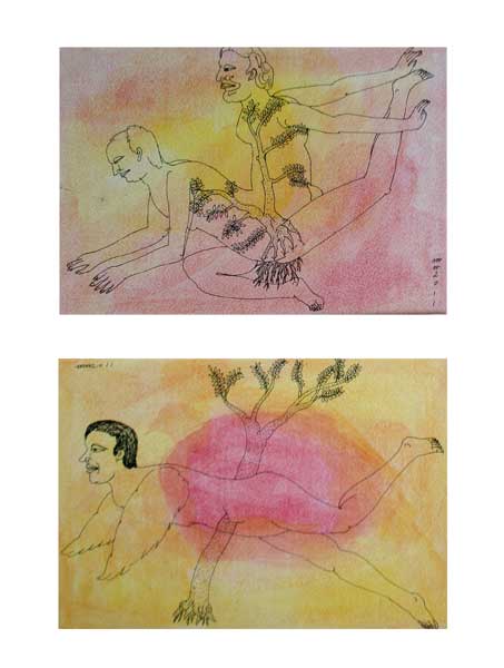 <em><strong>Drawing 36</strong></em>. Water colour and pen on hard paper, 8 x 5.5 inches each, 2011