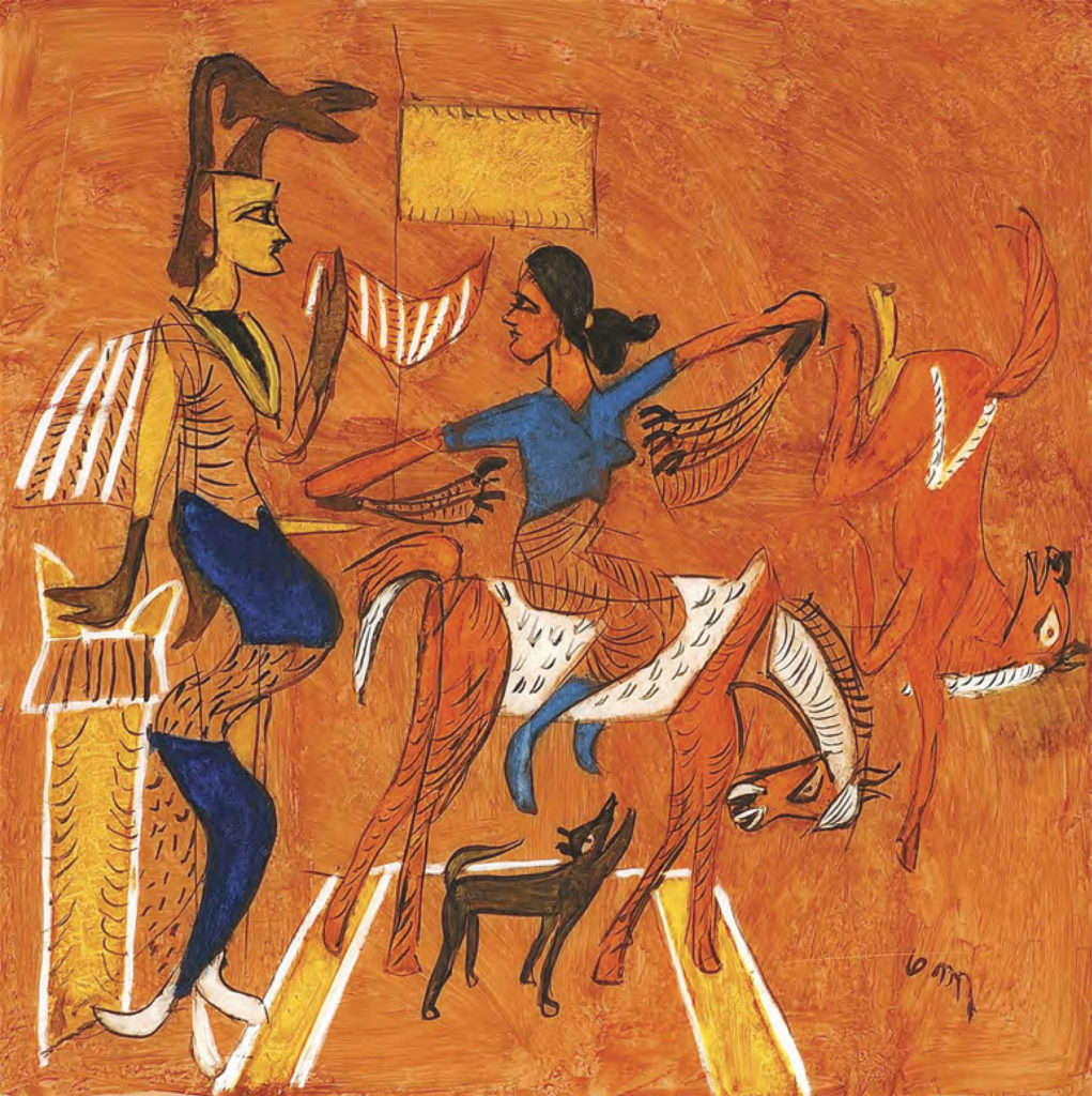 <em>Snake God and Mounted Goddess</em>. Reverse painting on acrylic sheet, 36" x 36", 2013