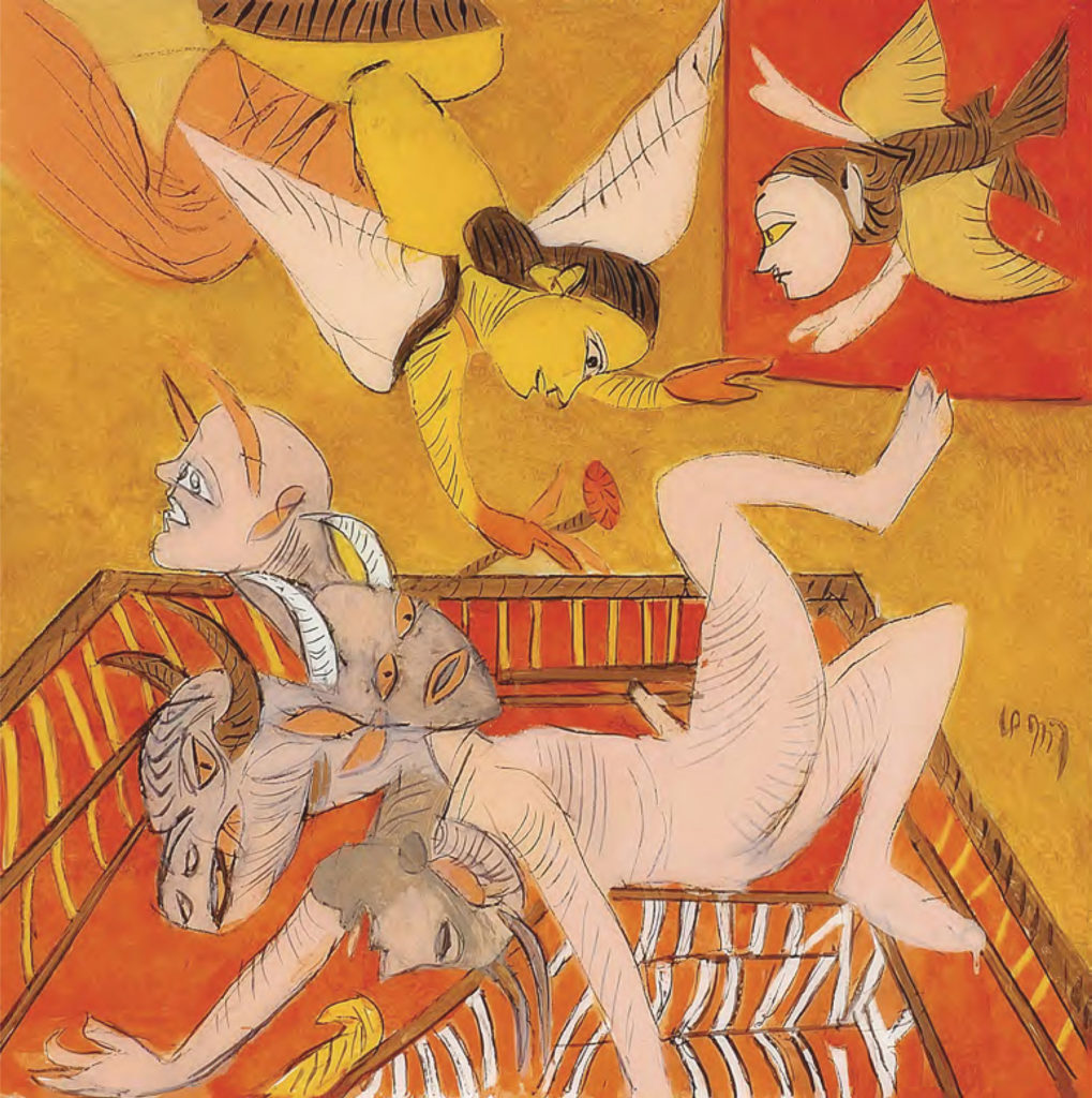 <em>Dream of Dying Bulls</em>. Reverse painting on acrylic sheet, 36 x 36", 2013