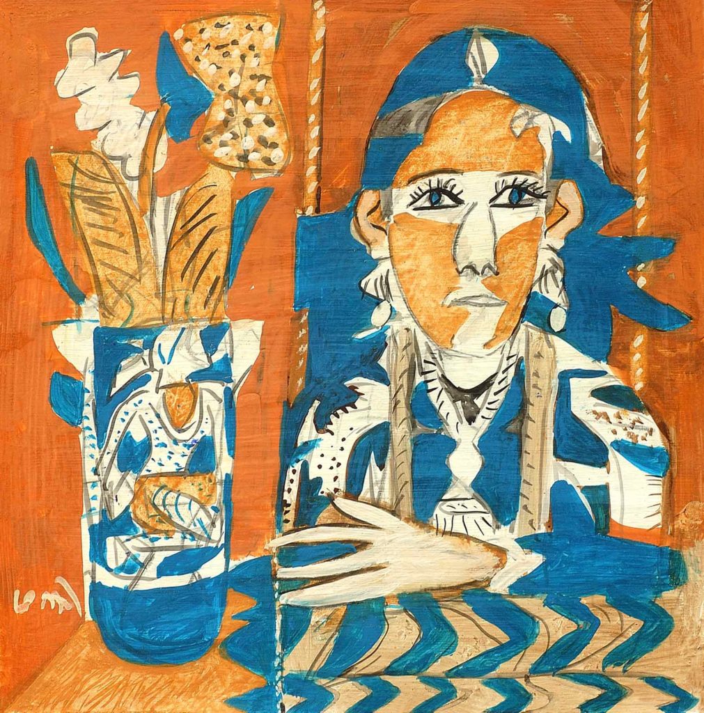 <em> Woman with Flowerpot</em>. Gouache on board, 15 x 15", 2013