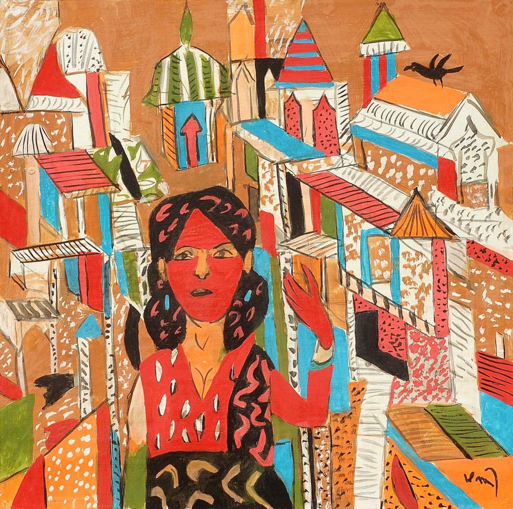 <em>Girl Against Streets</em>. Gouache on board, 15 x 15 inches, 2013