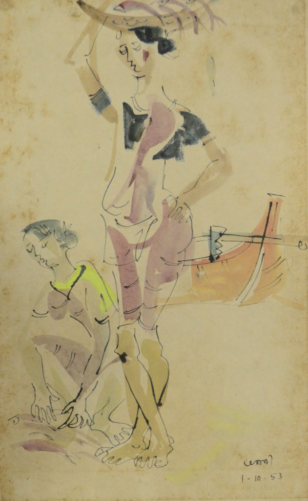 <em>Marathi Fishwala I</em>en and watercolour on paper
8 x 13 inches, 1953