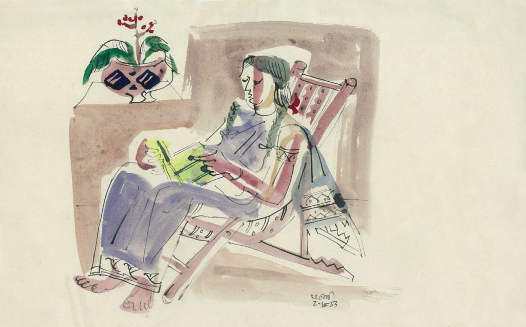 <em>Untitled</em>.
Pen, ink and watercolour on paper, 13.25 X 8.25 inches, 1953