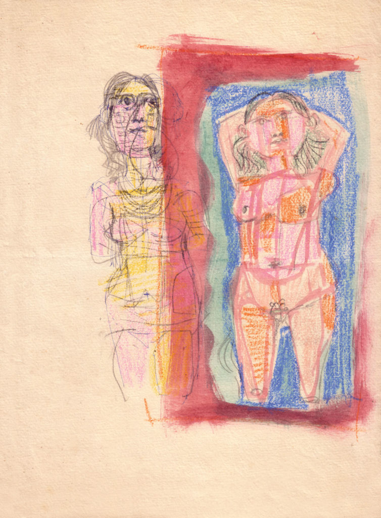 <em>Untitled</em>. Pencil, ballpoint pen, crayon and watercolour on paper, 8.5 x 11.5 inches, 1958