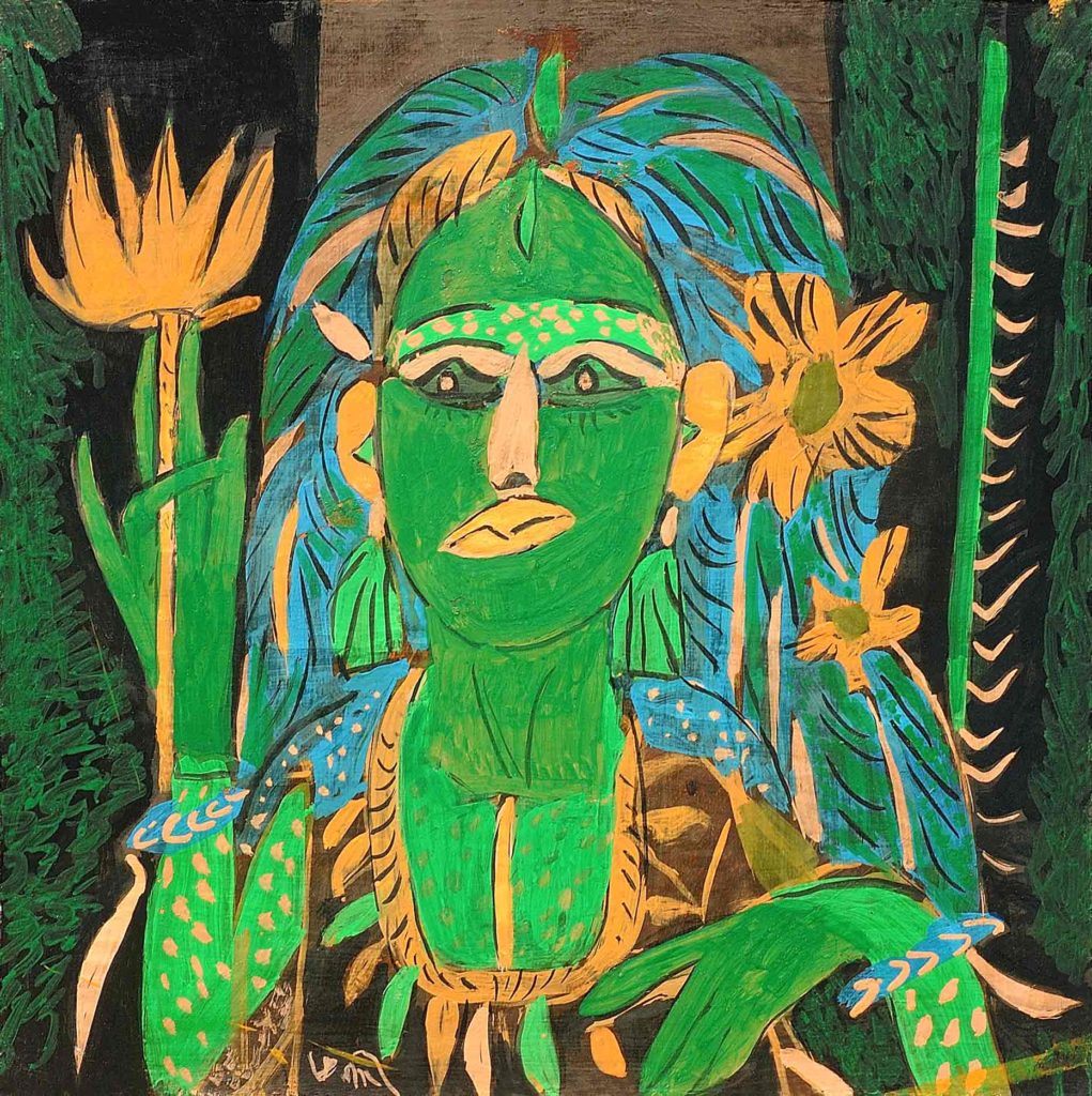 <em>Madonna with Lotuses </em>. Gouache on board, 15 x 15 inches, 2013