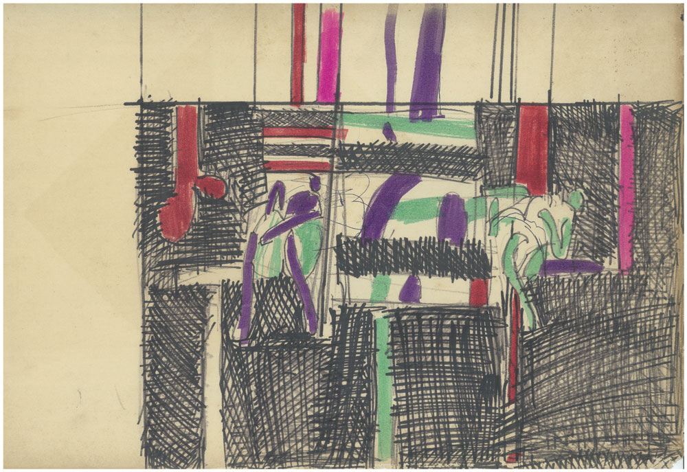 <em>NY 4</em>. Sketch pen/ marker on paper, 
18 x 12 inches, 1967-68