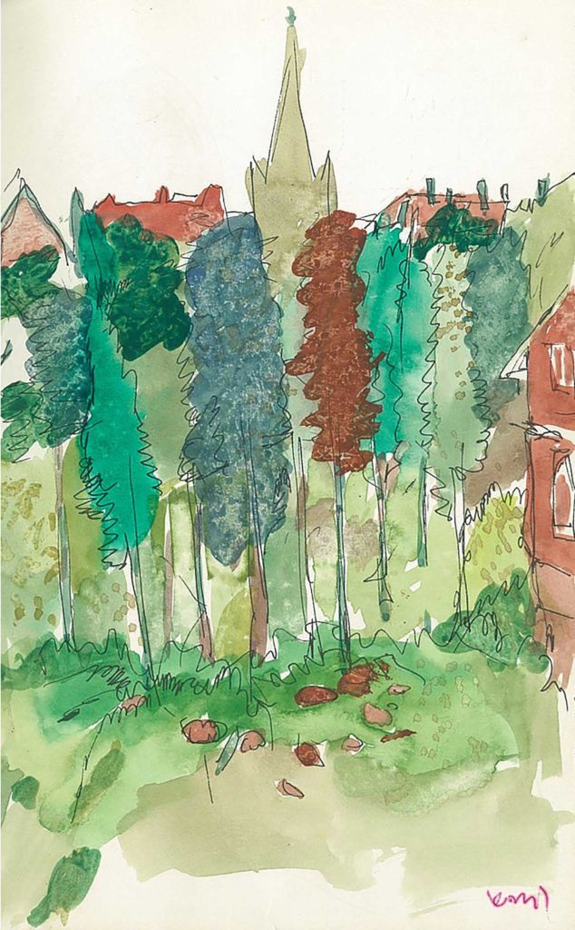 <em>Oxford 58</em>. Pen and watercolour on paper, 5.25 x 8.25 inches, 1987/88