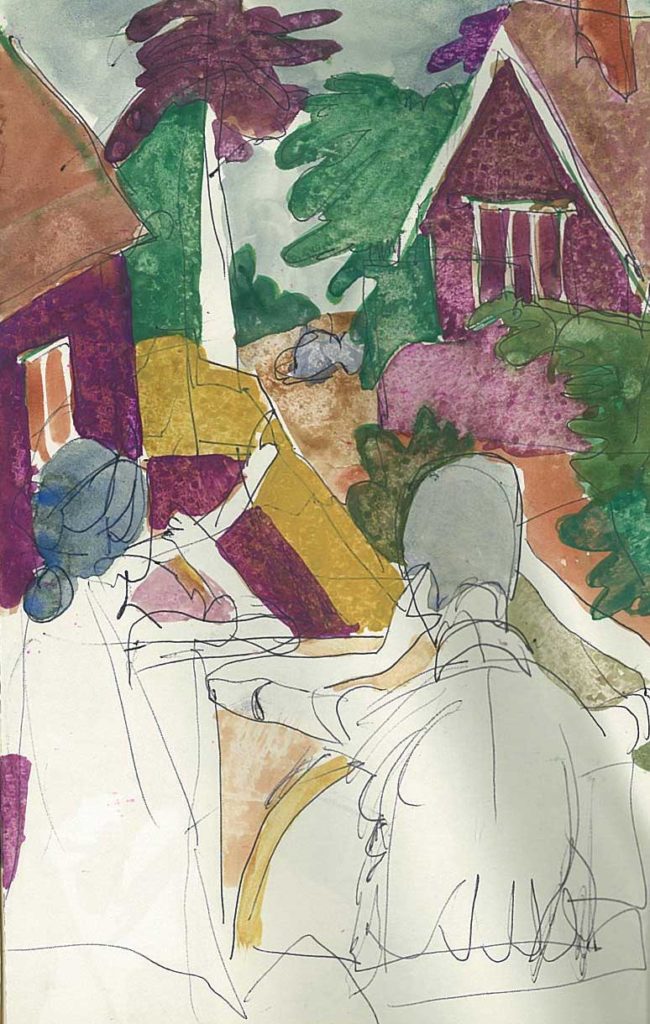 <em>Oxford 67</em>. Pen and watercolour on paper, 7 x 9 inches, 1987