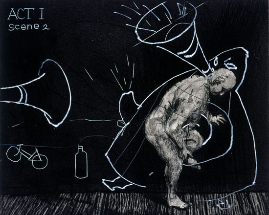 <em>(Act I, Scene 2)Ubu tells the truth</em>,1996 – 97
Hardground, softground, aquatint,
drypoint and engraving on paper
9.8 x 11.8 inches
Edition of 45