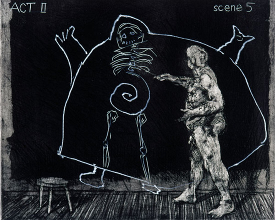 <em>(Act II, Scene 5) Ubu tells the truth</em>,1996 – 97
Hardground, softground, aquatint,
drypoint and engraving on paper
9.8 x 11.8 inches
Edition of 45
