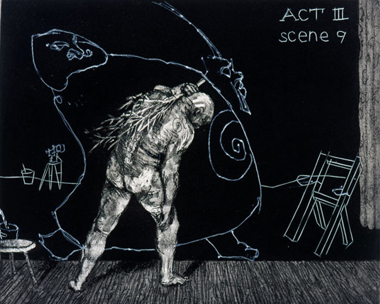 <em>(Act III, Scene 9) Ubu tells the truth</em>,1996 – 97
Hardground, softground, aquatint,
drypoint and engraving on paper
9.8 x 11.8 inches
Edition of 45