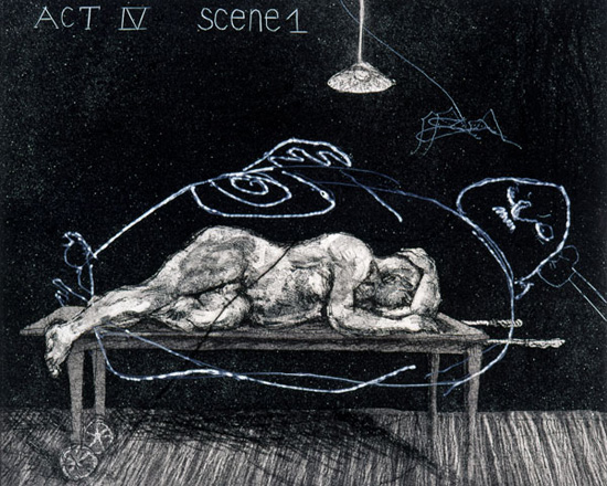 <em>(Act IV, Scene 1) Ubu tells the truth</em>,1996 – 97
Hardground, softground, aquatint,
drypoint and engraving on paper
9.8 x 11.8 inches
Edition of 45
