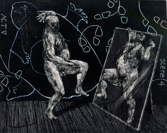 <em>(Act V, Scene 4) Ubu tells the truth</em>,1996 – 97
Hardground, softground, aquatint,
drypoint and engraving on paper
9.8 x 11.8 inches
Edition of 45