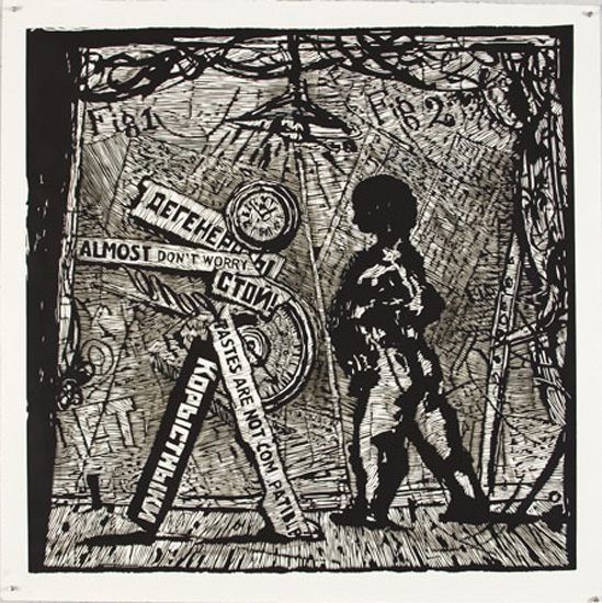 <em>Almost Don't Worry</em>, 2010. Linocut on paper with handpainting in Indian ink, 43.3 x 46.6 inches, Ed. EV 29 of 40