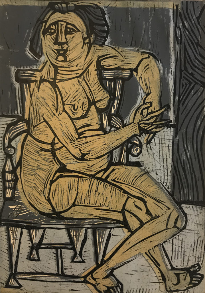 <em>Untitled</em>. Nude on Chair, Colour Linocut, 9 x 13 inches, 1955
