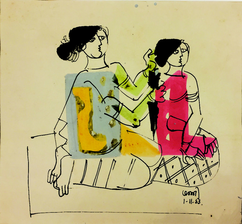 <em>Untitled</em>. Pen and watercolour on paper, 12.50 x 12 inches, 1953