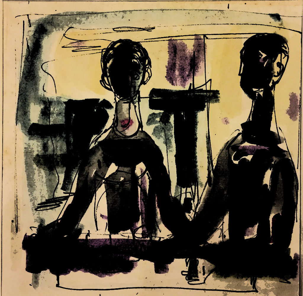 <em>Untitled</em>. Pen and watercolour on paper, 7 x 7 inches, c. 1951