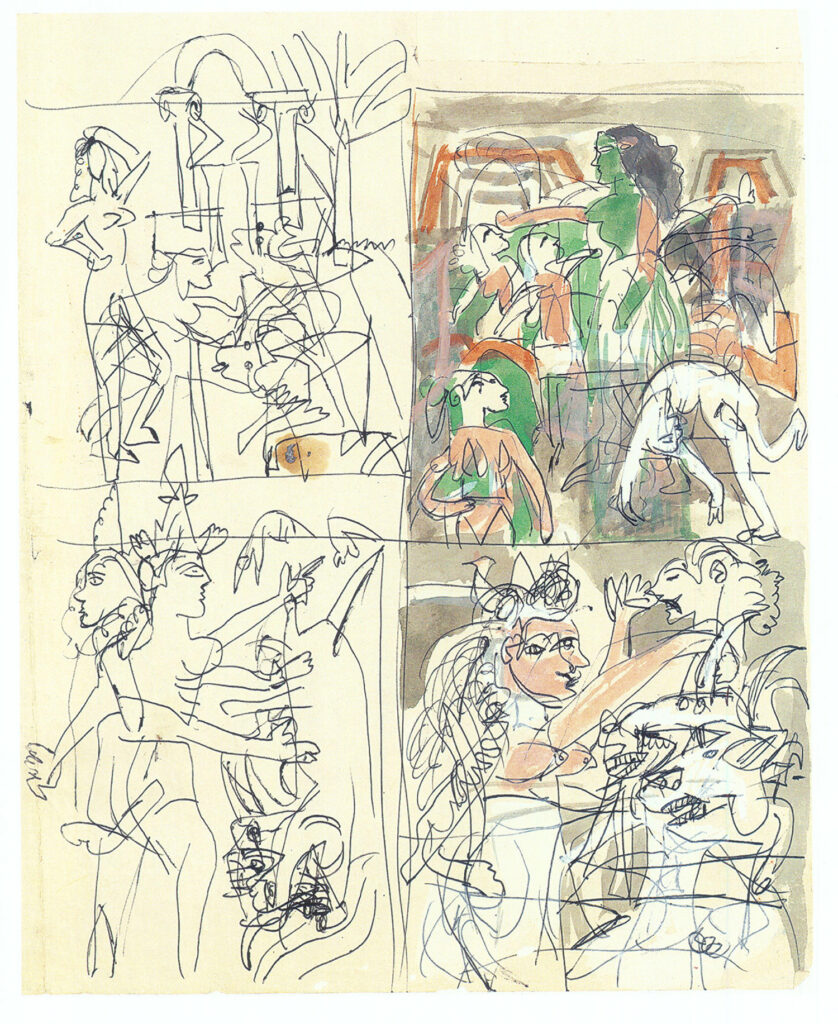 <em>Untitled</em>. Ballpoint pen and watercolour on card, 8.25 x 10.25 inches. Santiniketan, 1991. 