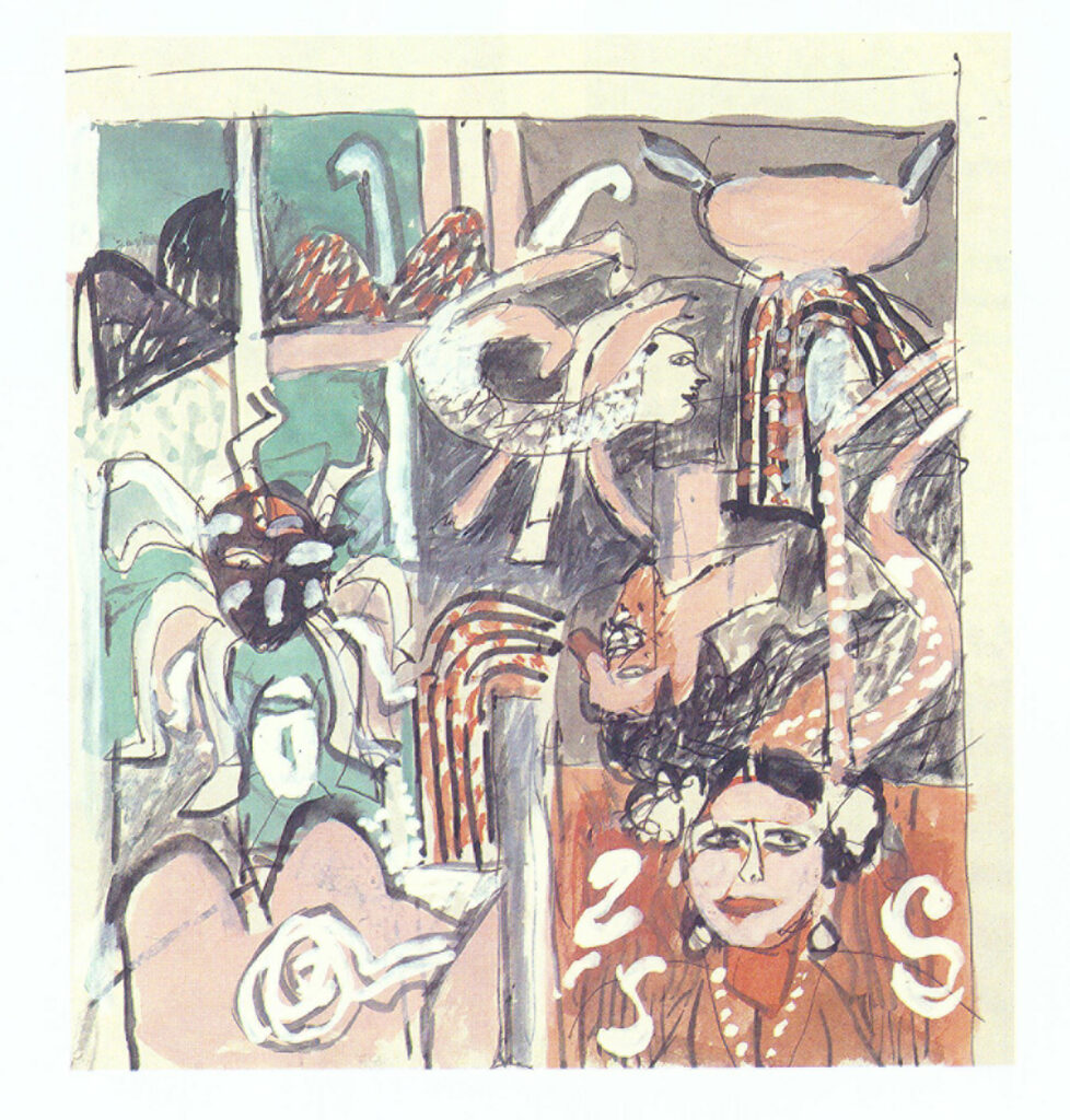 <em>Untitled</em>. Ballpoint pen and watercolour on paper, 7 x 11.25 inches. Santiniketan, c.1996. 