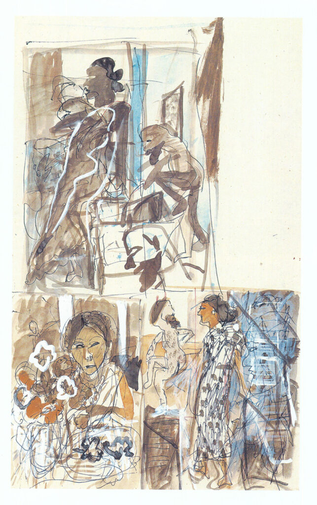 <em>Untitled</em>. Ballpoint pen and watercolour on paper, 7 x 12 inches. Santiniketan, c.1991. 