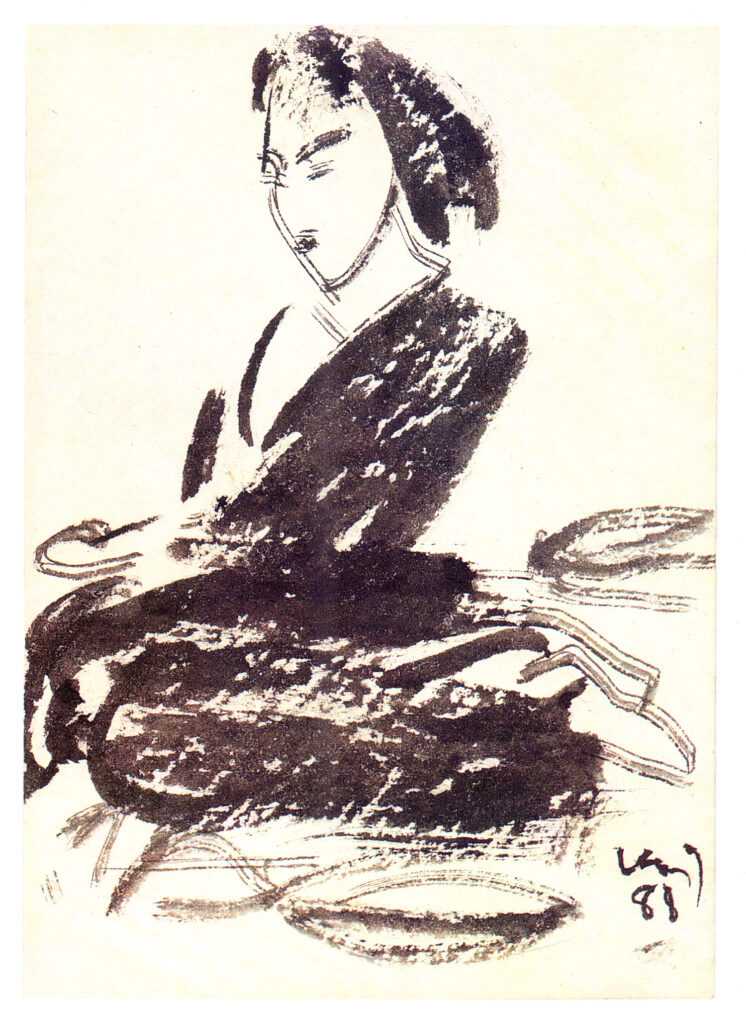 <em>Untitled</em>. Drawing done after a visit to Japan. Brush and ink on card, 4 x 5.5 inches. Santiniketan, 1988.