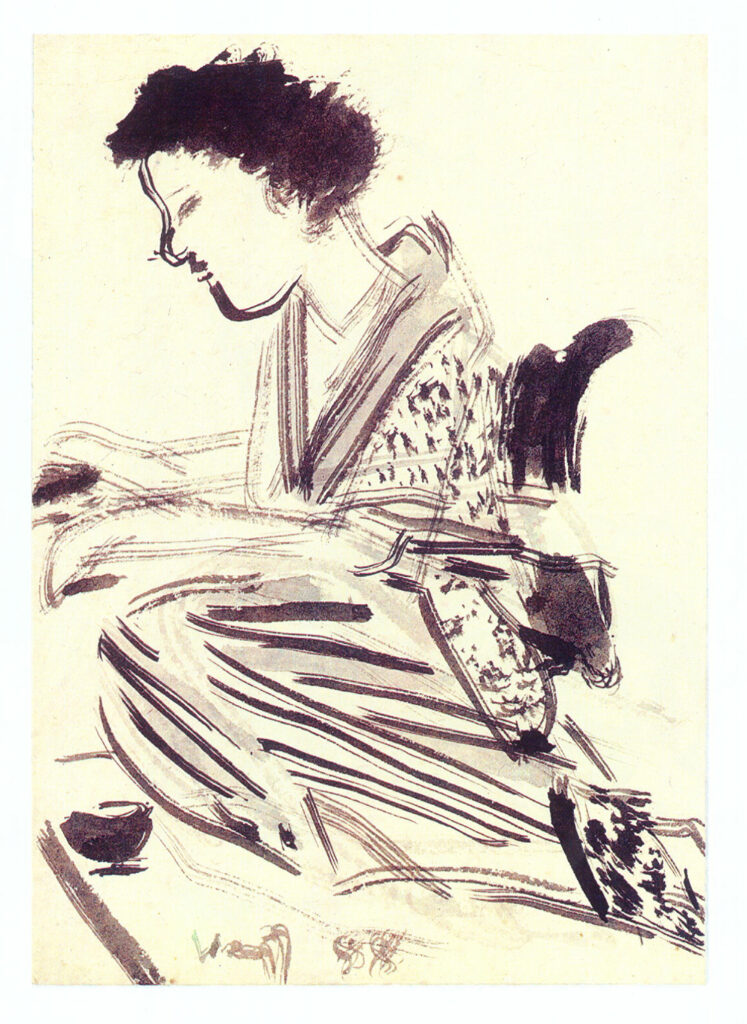 <em>Untitled</em>. Drawing done after a visit to Japan. Brush and ink on card, 4 x 5.5 inches. Santiniketan, 1988. 
