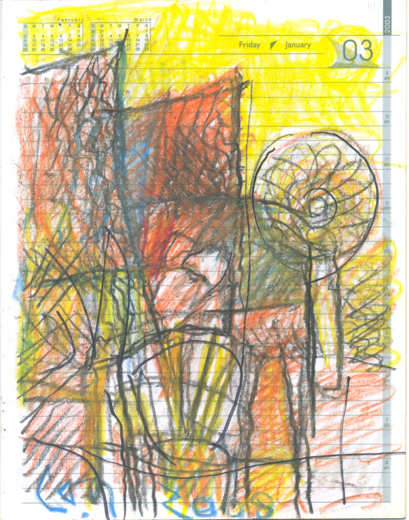 <em>Broken Foot Journal 111</em>, Pastel and ink on diary pages, 8 1/8 in x 10 3/8 in, 2003.