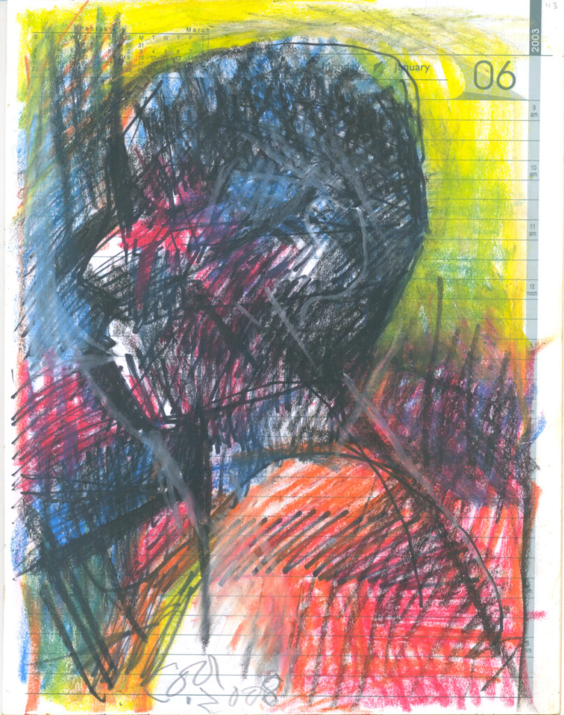 <em>Broken Foot Journal 113</em>, Pastel and ink on diary pages, 8 1/8 in x 10 3/8 in, 2003.