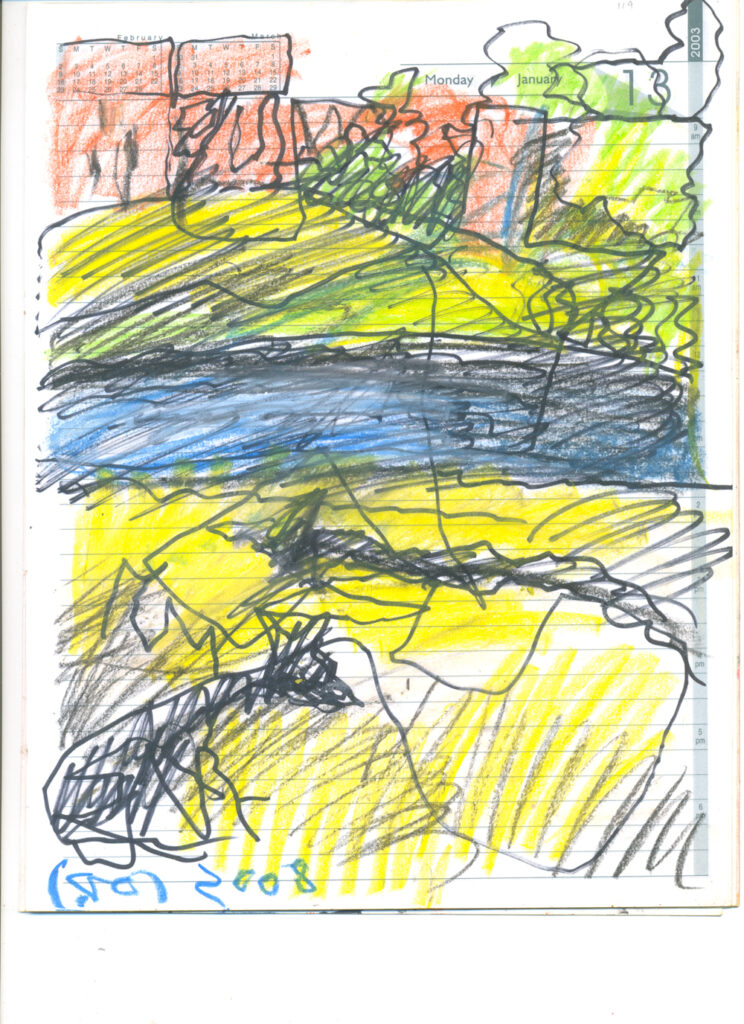 <em>Broken Foot Journal 119</em>, Pastel and ink on diary pages, 8 1/8 in x 10 3/8 in, 2003.