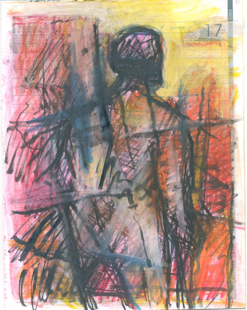 <em>Broken Foot Journal 123</em>, Pastel and ink on diary pages, 8 1/8 in x 10 3/8 in, 2003.
