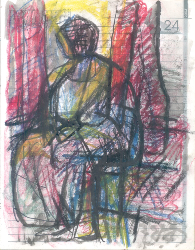<em>Broken Foot Journal 129</em>, Pastel and ink on diary pages, 8 1/8 in x 10 3/8 in, 2003.