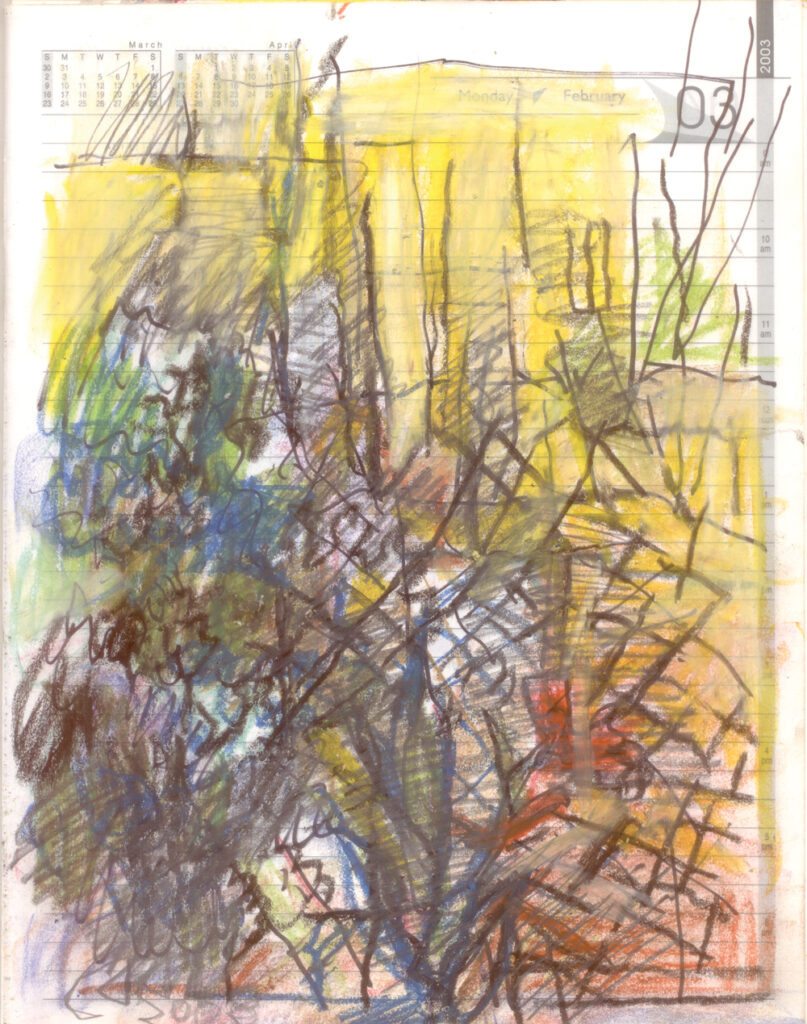 <em>Broken Foot Journal 137</em>, Pastel and ink on diary pages, 8 1/8 in x 10 3/8 in, 2003.